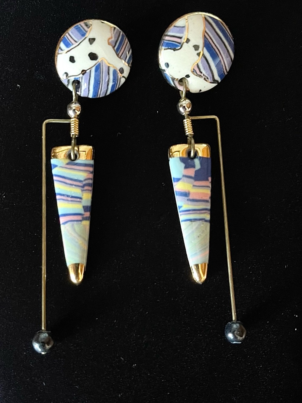 Vintage 80’s Artisan Crafted Porcelain and Gold Multi Shape Dangle Earrings
